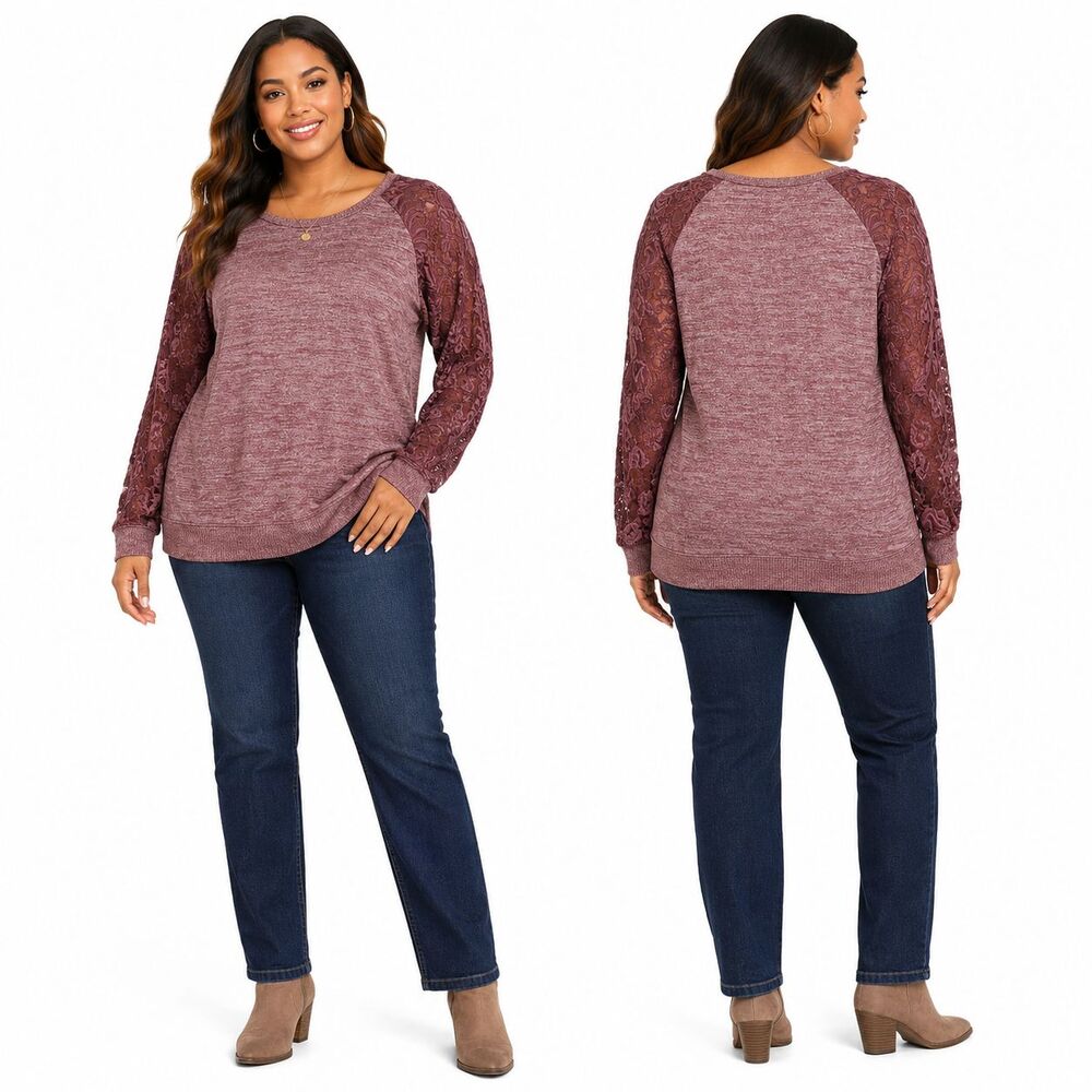 Super Soft by Torrid Lace Sleeve Pullover Sweater Mauve Purple Plus Size 1/14-16